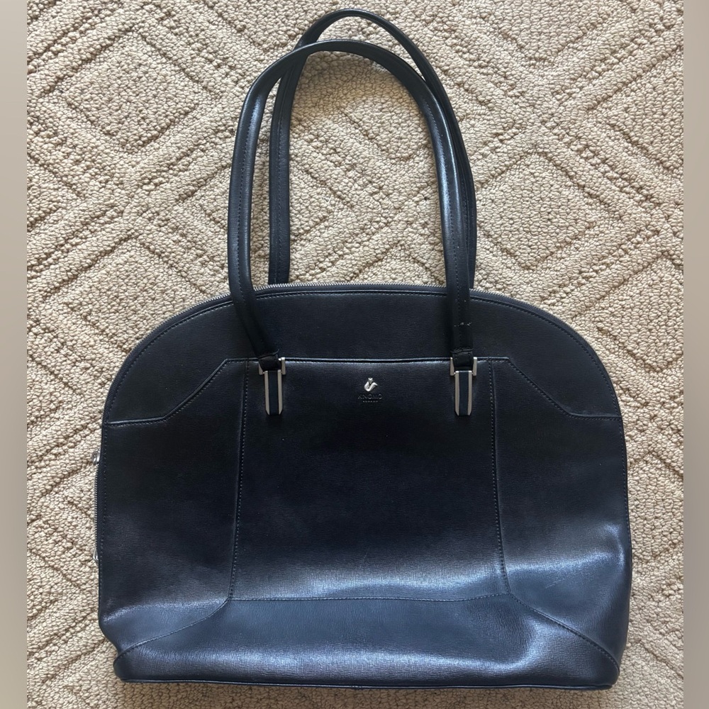 Black Leather Dome Tote with Double Top Handles